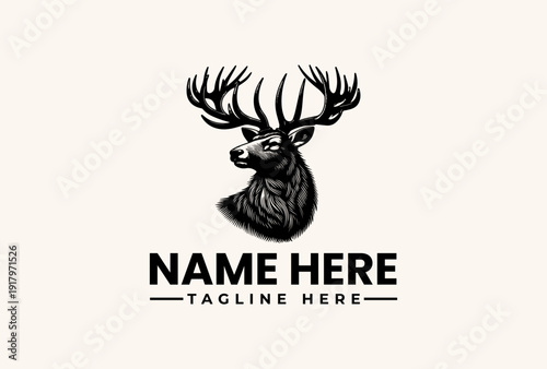 A black and white illustration of a deer head with large antlers and a placeholder text for a logo or brand name on a plain beige background.