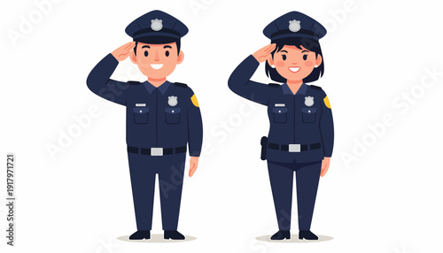 Cartoon Police Officers Saluting Male and Female in Uniform 1.
