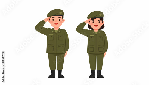 Cartoon Soldiers Saluting Male and Female in Uniform.