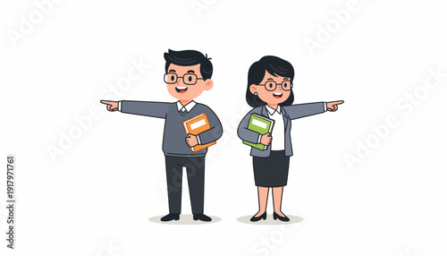 Cartoon teachers pointing A male and female educator illustration.