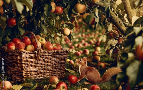 The scene shows an orchard filled with apple trees, each tree heavy with ripe, round fruit. In the foreground, a basket sits on the ground, overflowing with freshly picked apples that have fallen