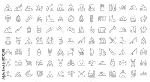 Outdoor Camping and Travel Icons - Linear Outline Set