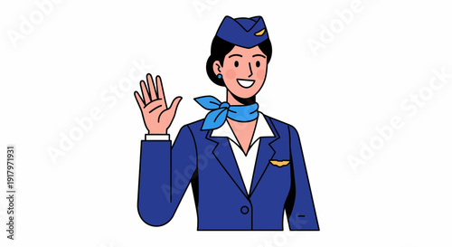 Friendly Flight Attendant Waving in Blue Uniform.