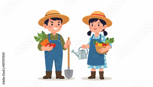 Illustration of a boy and girl dressed as farmers with vegetables.