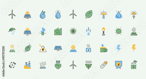 Clean energy icons: Solar, wind, water, and light symbols