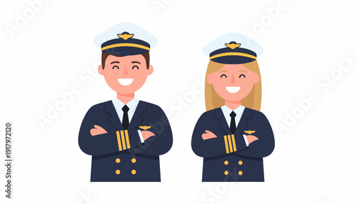 Smiling Male and Female Pilots in Uniform with Arms Crossed.