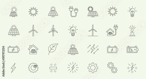 Environment and energy icons: Solar, recycle, and nature symbols