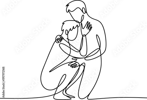 A man kneeling down to hug a child in a simple line black and white
