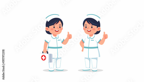 Two Cheerful Nurses Giving Thumbs Up with First Aid Kit.