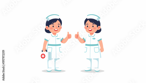 Two Cheerful Nurses Giving Thumbs Up in Uniforms.