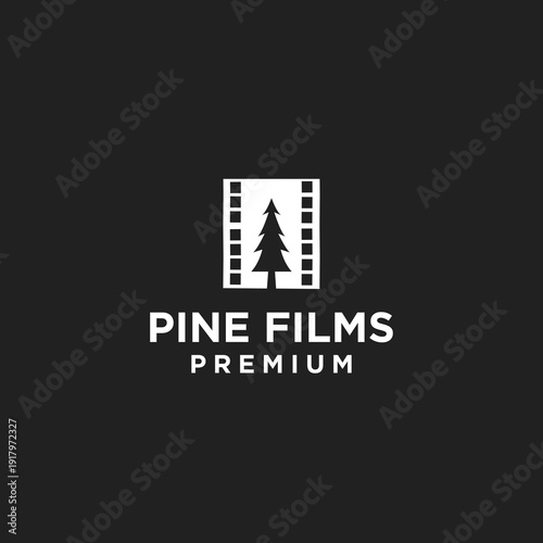 Pine Films Logo with Stylized Pine Tree in Film Strip Frame on Dark Background for Media Company Branding