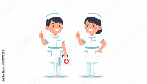 Two cheerful nurses in uniform offering assistance and care.