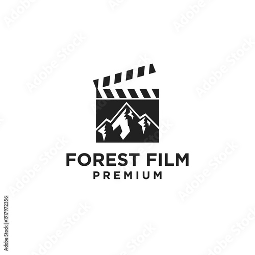 Forest Film Premium logo design combining a cinema clapperboard with abstract mountains and trees, representing outdoor movie production and nature documentaries.