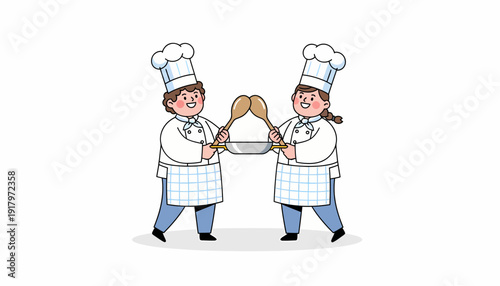 Two chefs presenting a dish with spoons wearing hats and aprons.