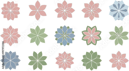 Pastel colored floral shapes in various flowers pink