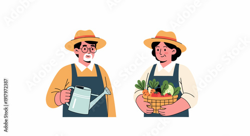 Two Farmers with Watering Can and Vegetable Basket Illustration.