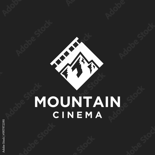 Minimalist Mountain Cinema Logo with Film Strip Icon and Typography