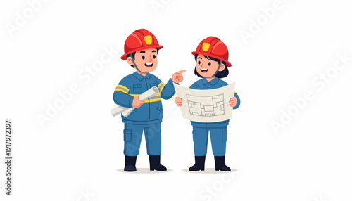 Two firefighters examining a map planning strategy wearing helmets.