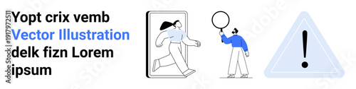 Woman stepping out of a frame, person holding a magnifying glass, and triangle with exclamation point. Ideal for search, alert, exploration, discovery, investigation, caution simple landing page