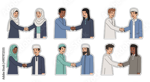 Diverse pairs of Muslim and Middle Eastern people shaking hands, illustrating cultural greetings and unity.