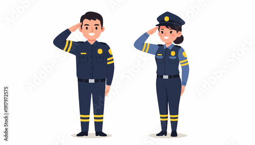 Two police officers in uniform saluting with smiles.