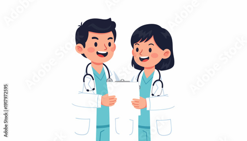 Two Smiling Doctors Discussing Patient Records in a Hospital Setting.