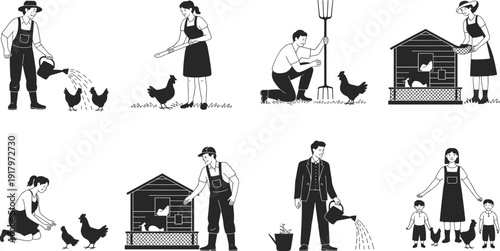 People caring for chickens in various farming activities with tools and watering cans shovel