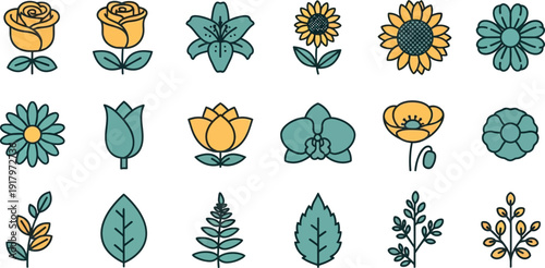 Yellow and teal floral with leaves on white background flowers