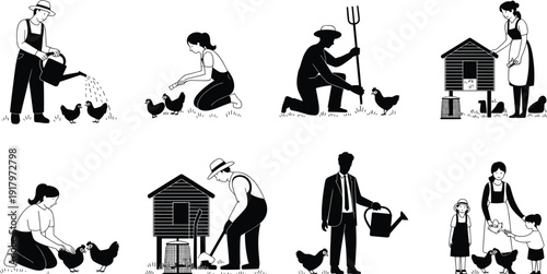 People in overalls and dresses tending to chickens in various farm settings with watering cans and pitchforks