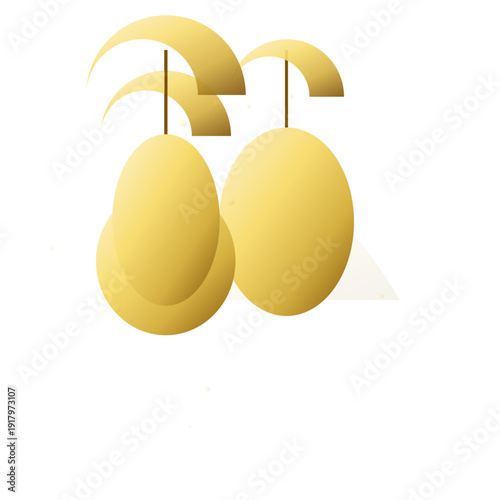 Two yellow mangoes hanging from a stem with leaves.