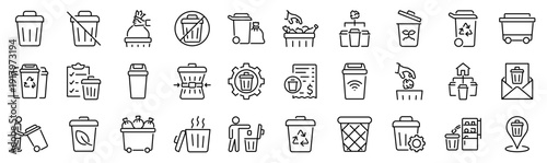Set of 30 outline icons related to trash bin. Linear icon collection. Editable stroke. Vector illustration