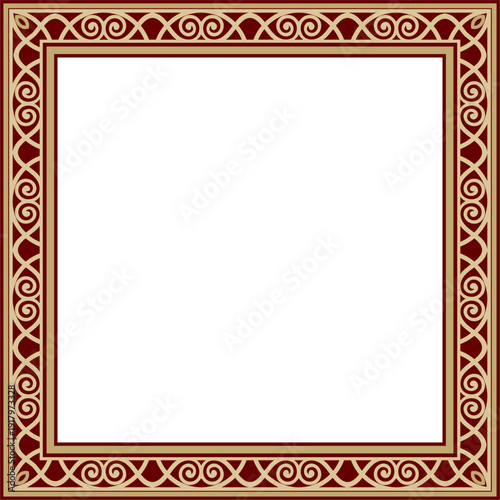 Vector gold and red square classic renaissance ornament. Endless european border, revival style frame.
