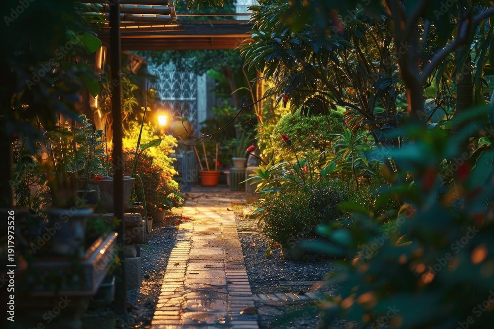Obraz premium Wet stone path winding through a lush garden illuminated by a warm light at twilight