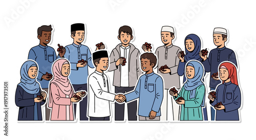 A diverse group of Muslim men, women, and children celebrating together, some holding dates, with two boys shaking hands, symbolizing community and sharing.