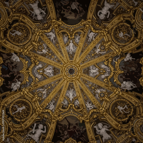 The interior architecture of this historic Catholic basilica in Rome, Italy features a decorative ceiling and dome cupola with religious paintings and saintly art