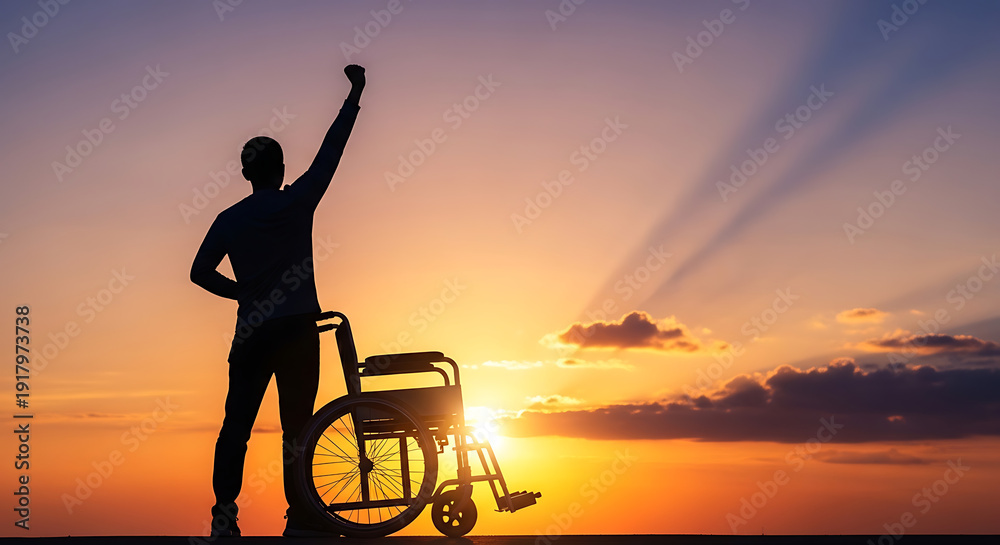 Fototapeta premium Silhouette of a person in a wheelchair raising their fist in triumph against a vibrant sunset