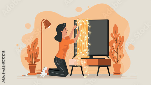 Woman decorating television with fairy lights, surrounded by plants and a lamp