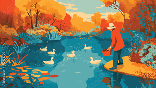 Person feeding ducks in a pond surrounded by autumnal foliage