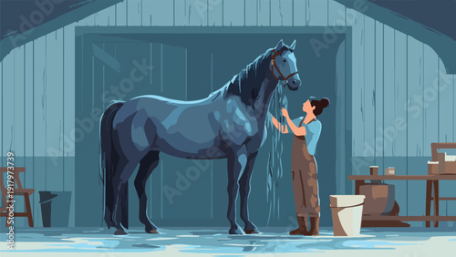 A person tends to a dark horse in a rustic stable, bathed in cool, muted tones