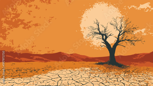 A lone, barren tree stands tall against an orange, cracked-earth desert landscape