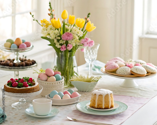 Wallpaper Mural A beautifully arranged table with pastries, cakes, and flowers for a delightful afternoon tea. Torontodigital.ca