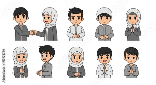 Cute cartoon illustrations of Muslim boys and girls in various poses, including greeting, praying, and showing respect, suitable for Islamic holidays.
