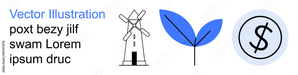 Obraz premium Renewable energy, environmental conservation, finance, sustainability, green economy, eco-friendly initiatives. Windmill, leaf and dollar symbol. Renewable energy and environmental conservation