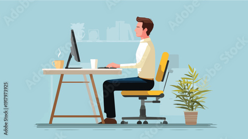 Person working at a computer in an office with a plant and a hot drink