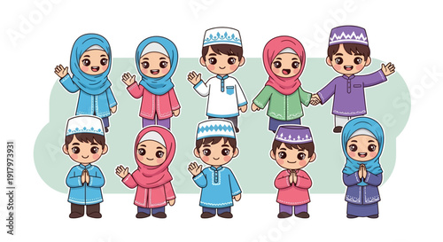 Cute cartoon illustration of ten Muslim children, five boys and five girls, wearing traditional Islamic clothing and smiling cheerfully.