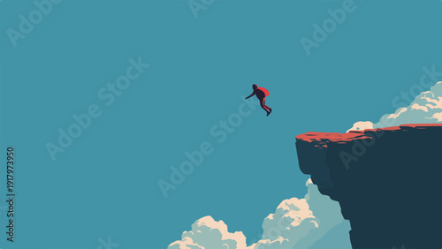 A lone figure in red leaps from a cliff edge into a vast, clear sky, with clouds below