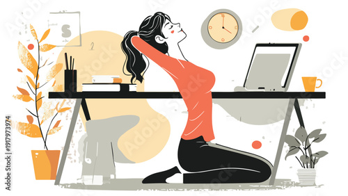 Relaxing woman with laptop at desk, plant, clock, and coffee cup