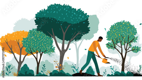 A person scatters seeds near trees and bushes in an abstract landscape