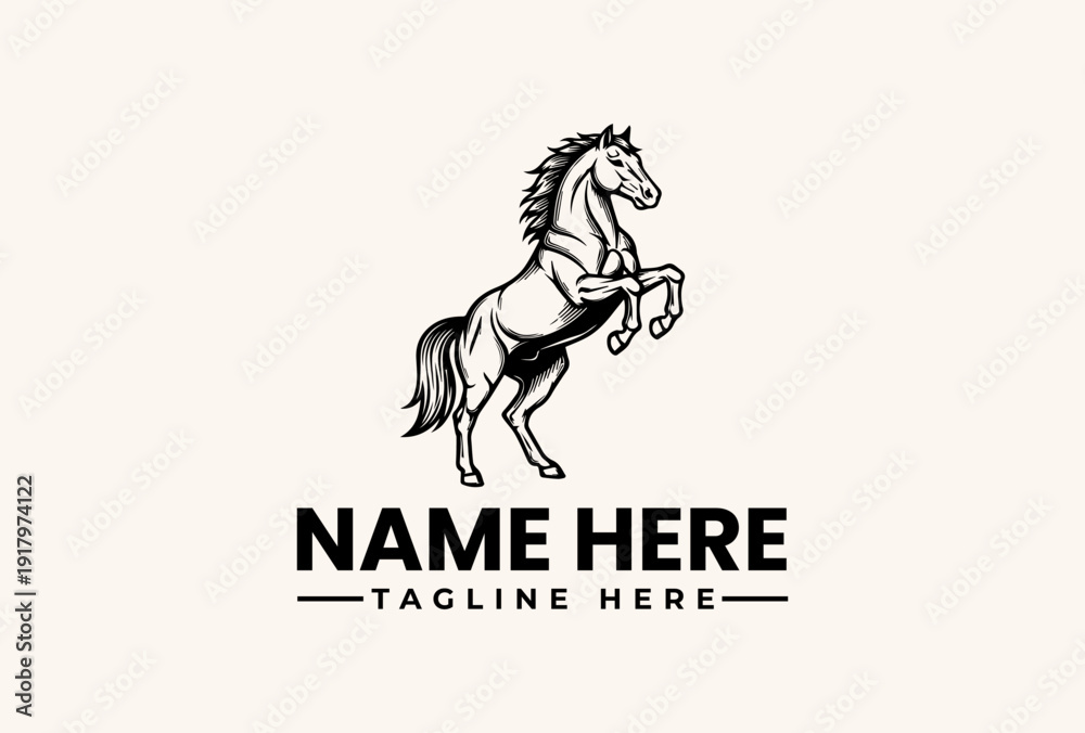 Fototapeta premium A rearing horse logo with a placeholder name and tagline on a beige background, featuring a vector illustration style with a bold, graphic design.