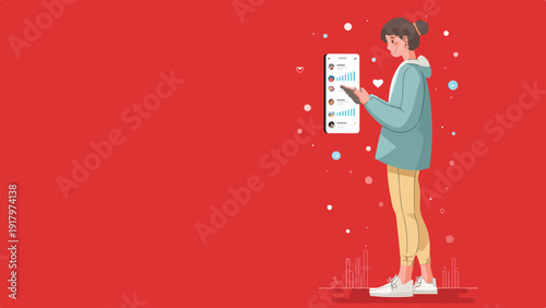 A young person interacts with a mobile device showing a list of contacts and activity graphs